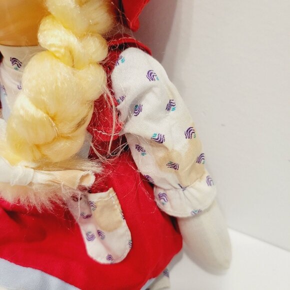 Vtg Rag Doll With Red Dress Hat Patterned Shirt Blonde Braided Hair Red Shoes - Picture 2 of 8